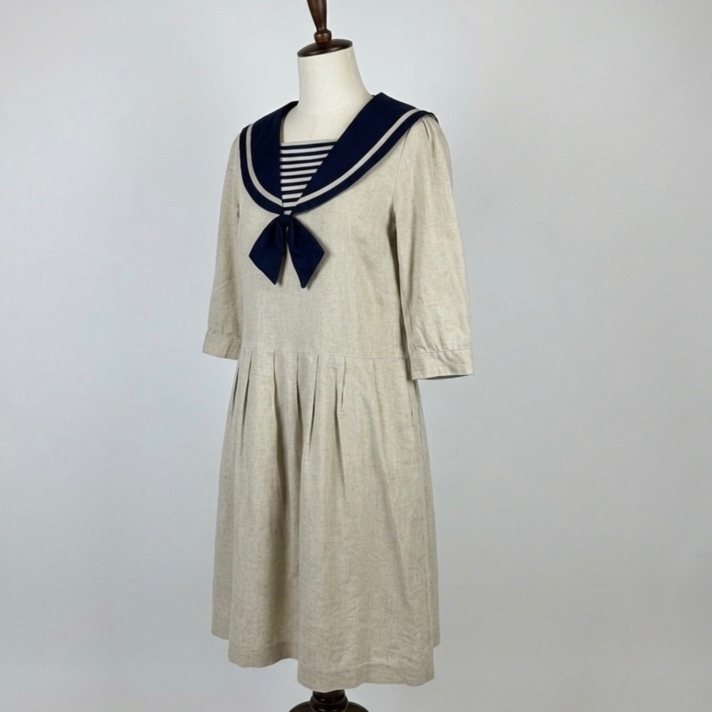 Petite Lanz Vintage Sailor Dress Tan Linen Blend Navy Blue Nautical Collar